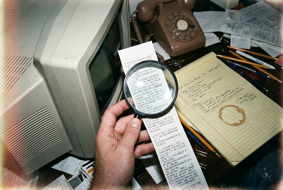 A hand holds a strip of receipt paper printed with dense gibberish on a cluttered desk beside a CRT monitor.
